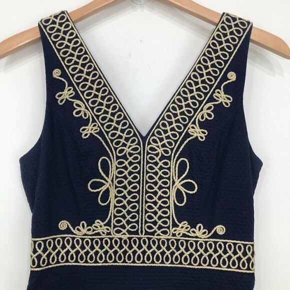 Lilly Pulitzer Aveline Navy Blue Metallic Gold Trim Sleeveless Shift Dress - Picture 4 of 14